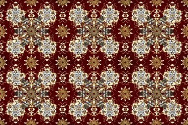 Brown, beige and red colors with golden elements. Raster golden floral ornament brocade textile and glass pattern. Gold metal with floral pattern. Seamless golden pattern.