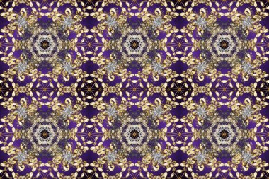Vintage design element in Eastern style. Raster seamless pattern with floral ornament. Traditional arabic decor on beige, violet and brown colors. Golden ornate illustration for wallpaper.