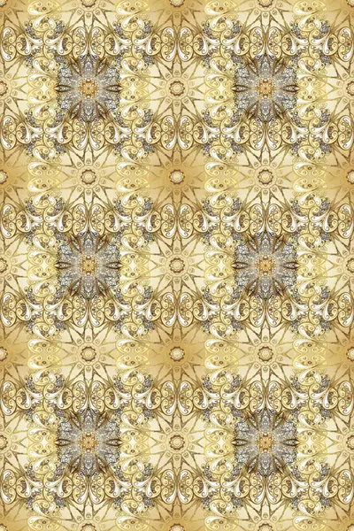 Raster. Kusursuz altın desenli bukleler. Hassas altın deseni açın. Parlak dantel, stilize çiçekler, şal desenli. Doğulu arabeskler. Altın elementlerle bej, kahverengi renklerde pürüzsüz desen.