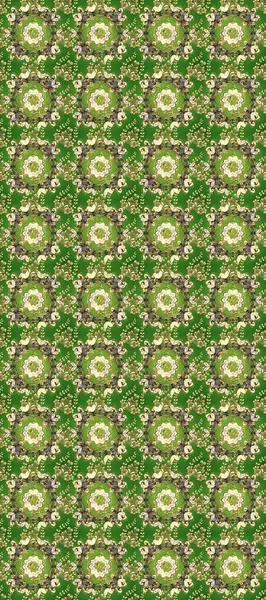 Süslü dekorasyon. Damask altın soyut çiçek deseni yeşil, nötr ve bej renklerde. Raster illüstrasyonu.