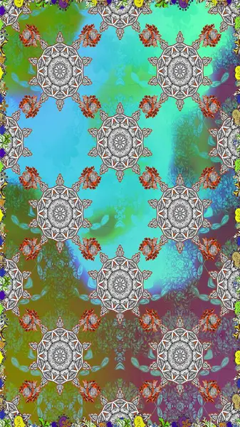 Kusursuz etnik tasarım. Yatak çarşafları, ceket, paket tasarımı, kumaş ve moda kavramları için tekstil baskısı. Çiçekleri, deniz kabukları, mandalaları ve suluboya efektleri olan deniz altyapısı.