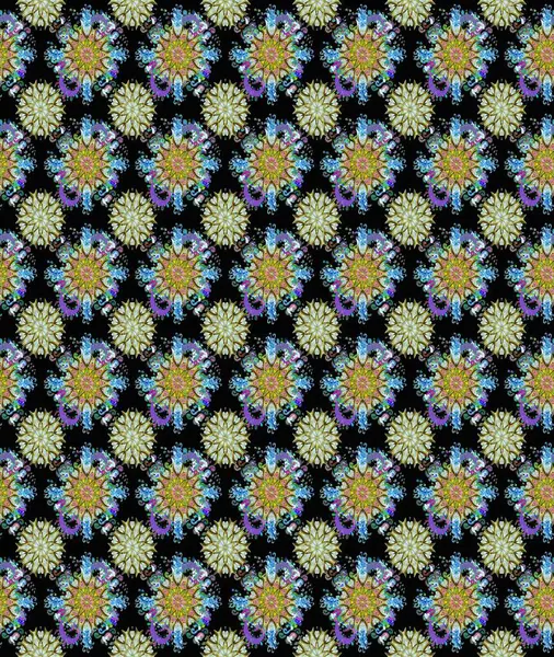 Raster Çiçek İllüstrasyonu güzel tekstil. Siyah ve nötr renklerde etnik çiçeklerle kusursuz bir desen..