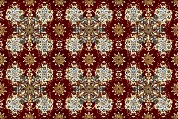 Brown, beige and red colors with golden elements. Raster golden floral ornament brocade textile and glass pattern. Gold metal with floral pattern. Seamless golden pattern.