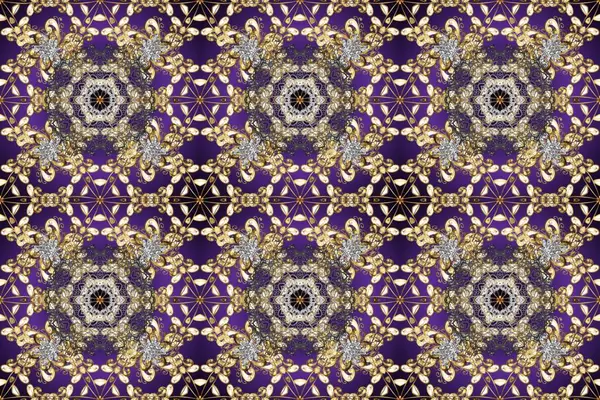 Vintage design element in Eastern style. Raster seamless pattern with floral ornament. Traditional arabic decor on beige, violet and brown colors. Golden ornate illustration for wallpaper.