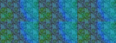 Raster Floral Illustration, Asyalı tekstil. Mavi ve yeşil renkli etnik çiçeklerle zarif bir eskiz deseni.