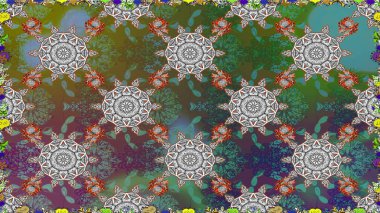 Kumaş, tekstil, duvar kağıdı baskısı için. Raster illüstrasyonu. Miles Fleur, süslü püslü bir süs. Kusursuz bir geçmişi var. Tomurcukları papatya çiçekleri olan sevimli bir çiçek deseni. Antika retro tarzı.