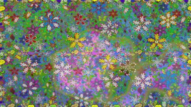 Düz Çiçek Elementleri Tasarımı. Çiçekle kusursuz desen. Yeşil ve mavi renkte çiçekler. Renkli Bahar Teması Kusursuz Arkaplan.