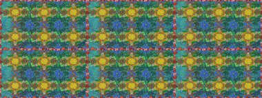 Düz Çiçek Elementleri Tasarımı. Renkli Bahar Temalı Kusursuz Arkaplan. Yeşil ve mavi renkte çiçekler. Sevimli çiçek raster deseni.