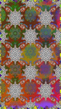 Yatak çarşafları, ceket, paket tasarımı, kumaş ve moda kavramları için tekstil baskısı. Çiçekleri, deniz kabukları, mandalaları ve suluboya efektleriyle donanma geçmişi. Kusursuz etnik tasarım.