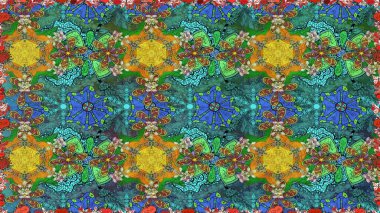 Modern çiçek arkaplanı. Parlak renkli çiçeklerle ve mavi ve yeşil renklerde yapraklarla şaşırtıcı, pürüzsüz çiçek deseni. Halk tarzı. Moda baskıları için zarif bir şablon.