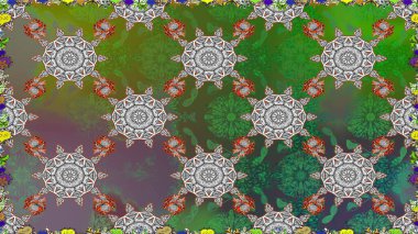 Raster illüstrasyonu. Yeşil ve gri renklerde bahar çiçekleri. Raster deseni. Patlayan çiçekler soyut yerleştirilmiş.