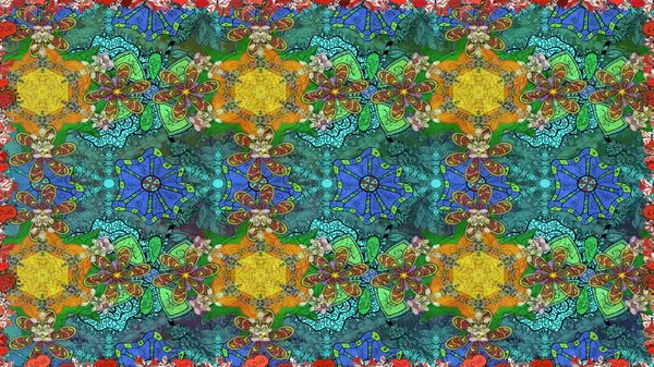 Modern çiçek arkaplanı. Parlak renkli çiçeklerle ve mavi ve yeşil renklerde yapraklarla şaşırtıcı, pürüzsüz çiçek deseni. Halk tarzı. Moda baskıları için zarif bir şablon.