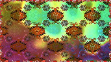 Sabıka fotoğraflarında, bebek kıyafetlerinde, duvar kâğıtlarında, paket kutularında falan kullanılabilir. Raster. Zarif, parlak ve pürüzsüz kahverengi ve yeşil çiçek desenli tasarım.