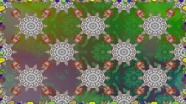 Raster illüstrasyonu. Yeşil ve gri renklerde bahar çiçekleri. Raster deseni. Patlayan çiçekler soyut yerleştirilmiş.