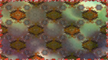 Tebrik kartı geçmişi, boyama kitabı, arkaplan ve tekstil için kullanılabilir. Raster Henna tarzı. Kusursuz süs izi. Etnik Mandala havlusu. Sınır Hindistan çiçek desenli paisley patentli.