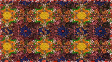 Raster illüstrasyonu. Şirin çiçekli kusursuz desen ve kahverengi ve turuncu renklerde yapraklar, suluboya çiçek deseni, duvar kağıdı, kart veya kumaş için fayanslı.