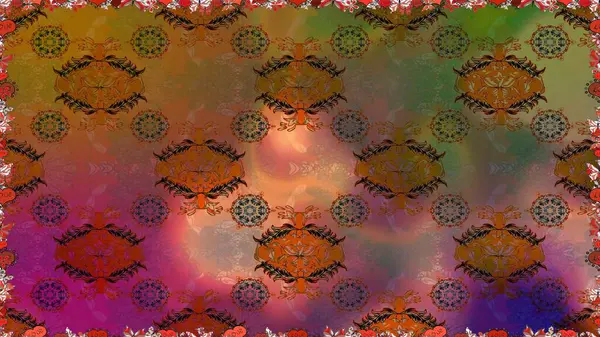 Düz Çiçek Elementleri Tasarımı. Sevimli çiçek raster deseni. Kahverengi ve mor renkli çiçekler. Renkli Bahar Teması Kusursuz Arkaplan.