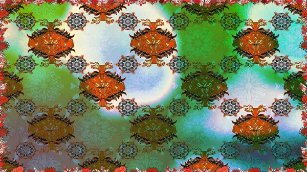 Parlak renkli çiçekleri ve yeşil ve kahverengi renkte yaprakları olan şaşırtıcı, pürüzsüz çiçek deseni. Moda baskıları için zarif bir şablon. Modern çiçek arkaplanı. Halk stili.