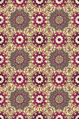 Geleneksel altın sarısı desenli bej, mor ve kahverengi renkler ve altın elementler. Barok tarzında kusursuz bir doğulu süsü..