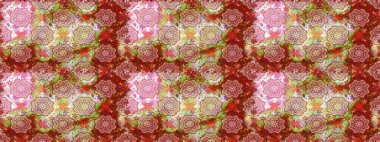 Renkli desenli kusursuz desenli, nötr ve kırmızı çiçekli ve dekoratif elementli. Kusursuz bir geçmişi var. Raster illüstrasyonu. Kumaş, tekstil, duvar kağıdı baskısı için. Antika retro tarzı.