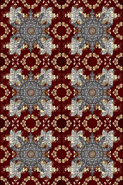 Geleneksel raster ve altın desen. Damask pürüzsüz süsü. Klasik oryantal desen kahverengi, gri ve kırmızı renkler üzerine.