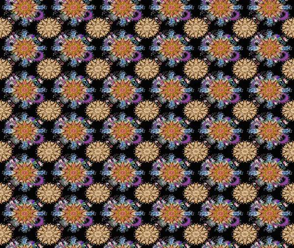 Asya tekstil tarzında. Renkli Bahar Temalı Kusursuz Arkaplan. Düz Çiçek Elementleri Tasarımı. Kusursuz çiçek deseni. Raster illüstrasyonu. Güzel kumaş deseni.