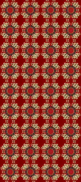 Altın antika ortaçağ dekoratifi, kırmızı, kahverengi ve bej renklerinde yapraklar ve altın desenli süslemeler içeren pürüzsüz bir desen. Kusursuz kraliyet lüksü, altın barok kumaş rengi..