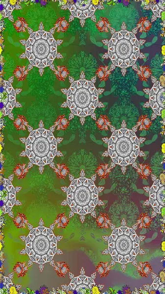 Raster illüstrasyonu. Raster çiçekleri klasik tarzda çizilmiş. Yeşil ve gri renklerde bahar çiçekleri. Çiçekli, pürüzsüz desen.