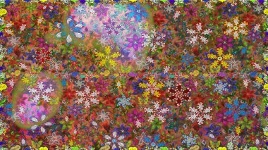 Raster illüstrasyonu. Şirin çiçekli kusursuz desen ve kahverengi ve yeşil renkli yapraklar, suluboya çiçek deseni, duvar kağıdı, kart veya kumaş için fayanslı.