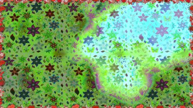 Yeşil ve mavi renklere karalamalar çizen kusursuz çiçek deseni. Raster illüstrasyonu.