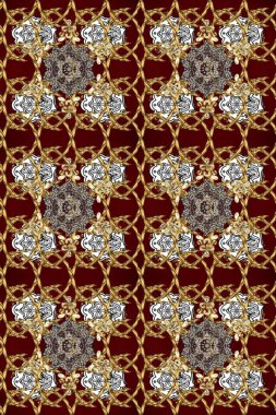 Lüks, kraliyet ve Viktorya dönemi konsepti. Süslü dekorasyon. Kahverengi, bej ve kırmızı renklerde altın desenli altın elementler. Raster klasik barok çiçeksiz altın desenli..