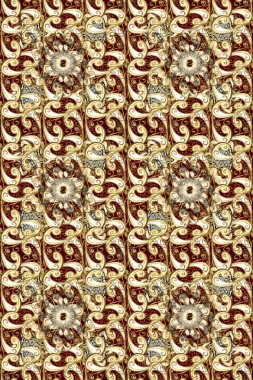 Gri, kırmızı ve kahverengi renklerde, altın elementlerle kusursuz klasik desen. Noel, kar tanesi, yeni yıl 2025.