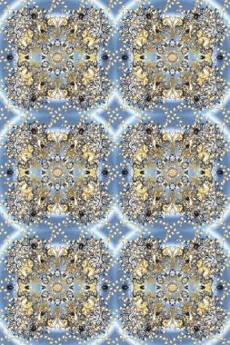 Klasik klasik klasik arka plan. Kusursuz klasik raster altın desenli. Geleneksel oryantasyon süsü. Raster illüstrasyonu. Tarafsız, mavi ve gri renklerde altın elementlerle kusursuz desen.