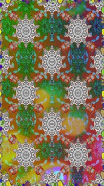 Yumuşak, yeşil ve kahverengi renklerde bahar çiçekleri. Yaprak ve çiçeklerin suluboya resmi, yeşil ve kahverengi renklerde pürüzsüz desen. Raster illüstrasyonu.