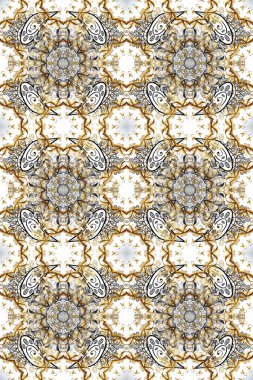 Raster illüstrasyonu. Kusursuz damaske klasik altın desen. Bej, nötr ve gri renklerde altın sarısı elementlerle altın pürüzsüz desen. Tekrarlayan ögelerle soyut arkaplan Raster.