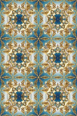 Altın maviye, bej ve nötr renklere. Kusursuz ortaçağ çiçek deseni. Dekoratif simetri arabesk. Doğum günü kartı, davetiye ya da afiş için iyidir. Raster illüstrasyonu.
