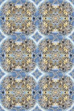 Klasik klasik klasik arka plan. Kusursuz klasik raster altın desenli. Geleneksel oryantasyon süsü. Raster illüstrasyonu. Tarafsız, mavi ve gri renklerde altın elementlerle kusursuz desen.