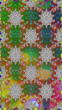 Yumuşak, yeşil ve kahverengi renklerde bahar çiçekleri. Yaprak ve çiçeklerin suluboya resmi, yeşil ve kahverengi renklerde pürüzsüz desen. Raster illüstrasyonu.