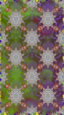 Raster illüstrasyonu. Gri ve yeşil renklerde bahar çiçekleri. Yaprak ve çiçeklerin suluboya resmi, gri ve yeşil renklerde pürüzsüz desen.