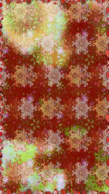 Elle boyanmış suluboya, dikişsiz çiçekler ve bitkiler. Kahverengi ve kırmızı renkte çiçekler.