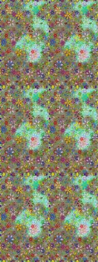 Halk tarzı. Moda baskıları için zarif bir şablon. Parlak renkli çiçekleri ve yeşil renkli yaprakları olan kusursuz çiçek desenleri. Modern çiçek arkaplanı.