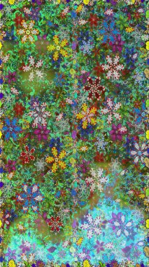 Raster Güzel kumaş deseni. Raster suluboya deseni, narin çiçekler, yeşil ve mavi çiçekler, tebrik kartı şablonu..