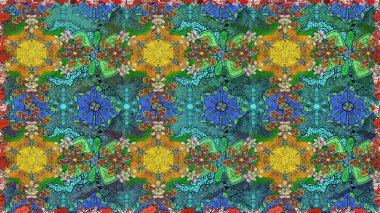 Mavi ve yeşil renklerde etnik çiçeklerle kusursuz bir desen. Asya Tekstil 'inde Raster Çiçek İllüstrasyonu.