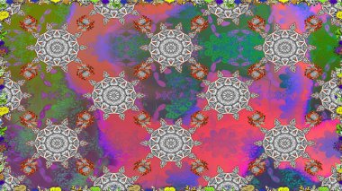 Tebrik kartı geçmişi, boyama kitabı, arkaplan ve tekstil için kullanılabilir. Raster Henna tarzı. Etnik Mandala havlusu. Kusursuz süs izi. Sınır Hindistan çiçek desenli paisley patentli.