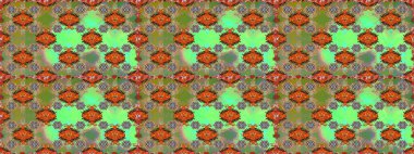 Raster illüstrasyonu. Çiçeklerle suluboya desenli çiçek deseni. Yeşil ve kahverengi renkli Asyalı tekstil.