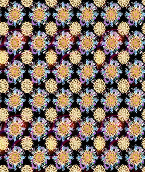 Renkli Yaz Temalı Kusursuz Arkaplan. Raster Illustrasyon 'da moda olmayan çiçek deseni. Düz Çiçek Elementleri Tasarımı. Siyah ve bej renkli çiçekler.