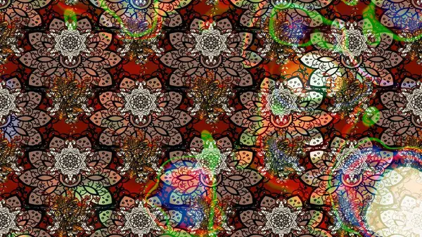 Çiçek desenli çizim. Raster illüstrasyonu. Kahverengi renkli Asyalı tekstil.