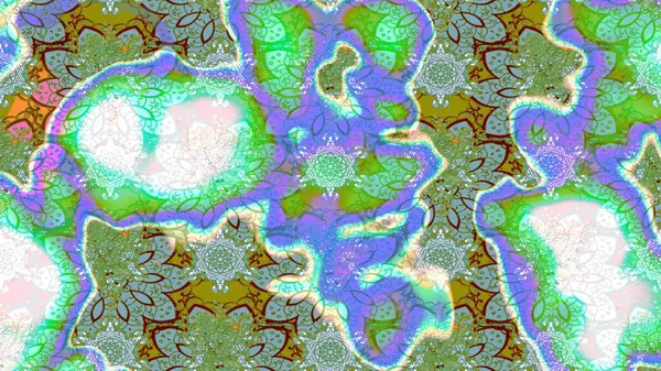 Çiçek desenli çizim. Raster illüstrasyonu. Asya tekstil tarzında. Yeşil renkli çiçekler. Raster illüstrasyonu.