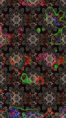 Siyah renkli Asya tekstili. Suluboya çiçekli çiçek deseni. Raster illüstrasyonu.