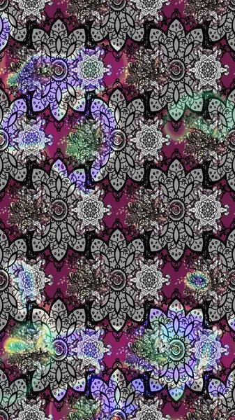 Halk tarzı. Modern çiçek arkaplanı. Moda baskıları için zarif bir şablon. Parlak renkli çiçekleri ve gri yaprakları olan muhteşem bir çiçek deseni..